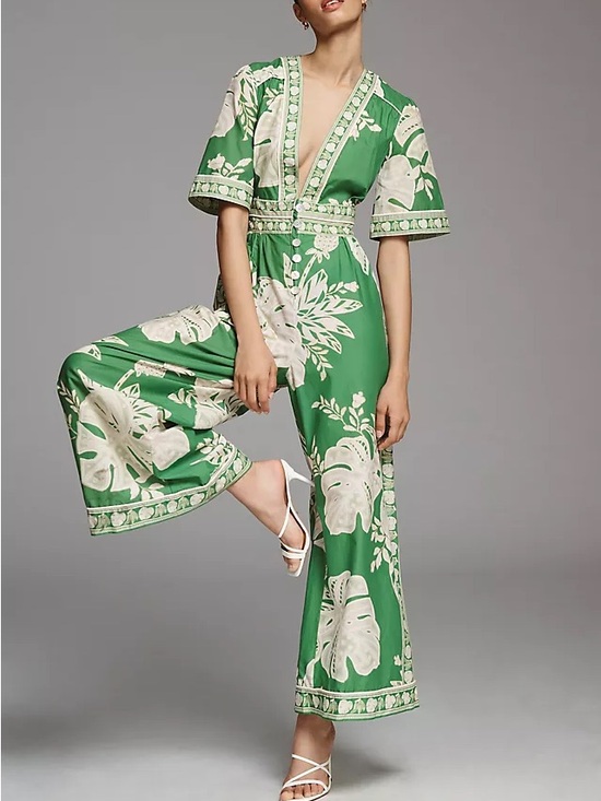 FARM Rio Pants - FARM Rio Green & Cream Lace Monstera V-Neck Jumpsuit with Button Front Wide Leg